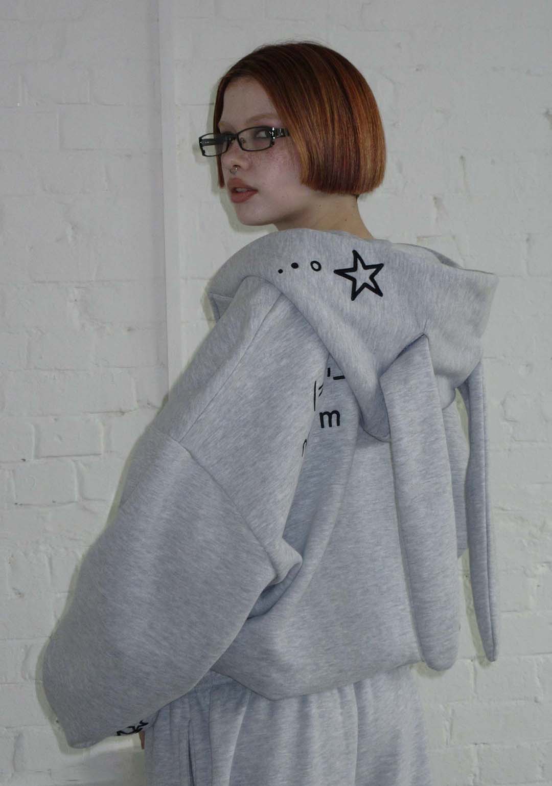 SWEAT À CAPUCHE ZIPPÉ MALFUNCTION BUNNY GRIS CHINÉ (OREILLES DÉTACHABLES)