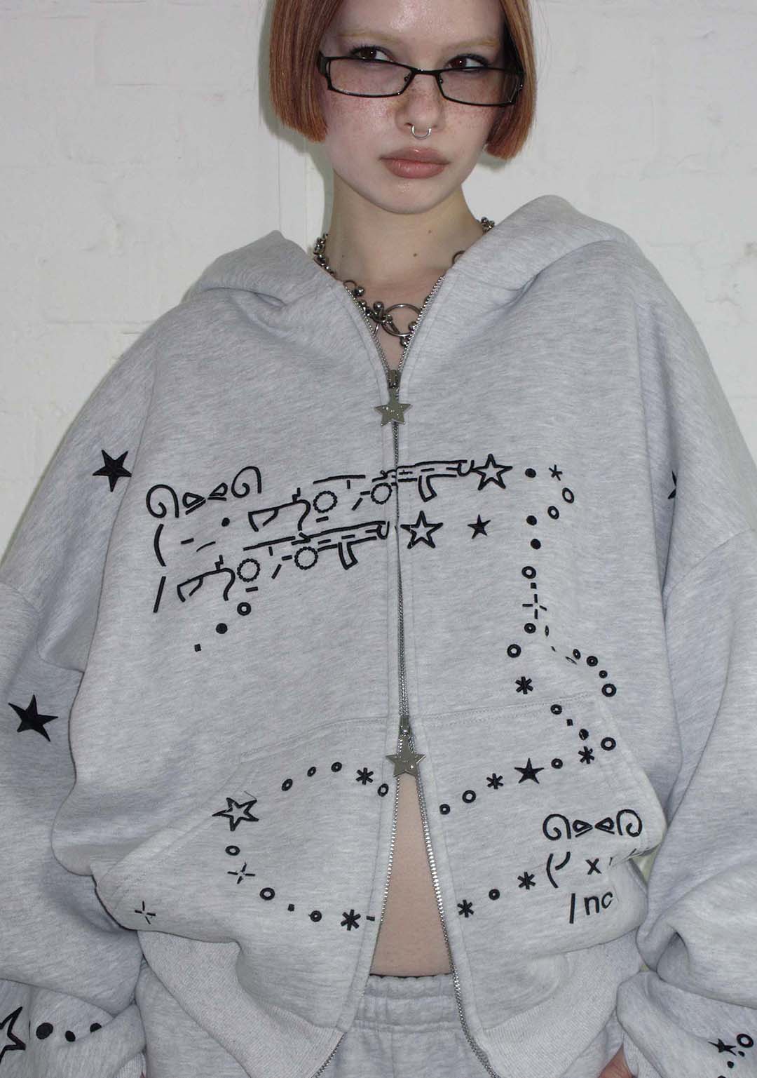 SWEAT À CAPUCHE ZIPPÉ MALFUNCTION BUNNY GRIS CHINÉ (OREILLES DÉTACHABLES)