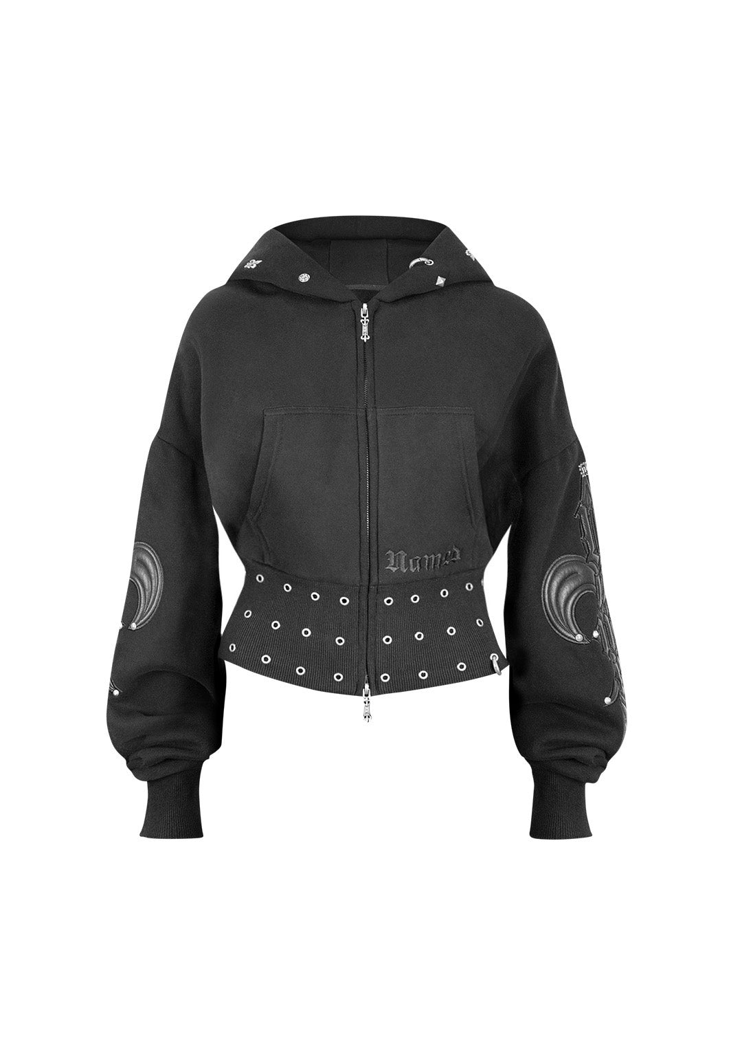Sudadera corta con capucha y cremallera, cintura entallada y tachuelas MIDNIGHT, negra