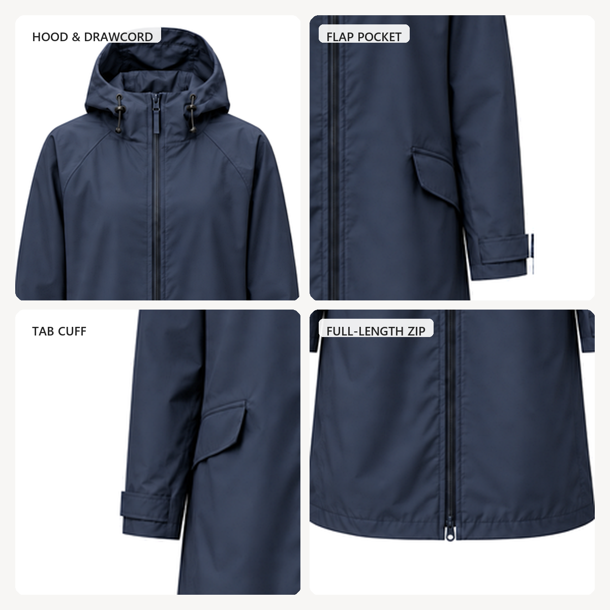 Water-Reactive Ripple Long Raincoat — Navy