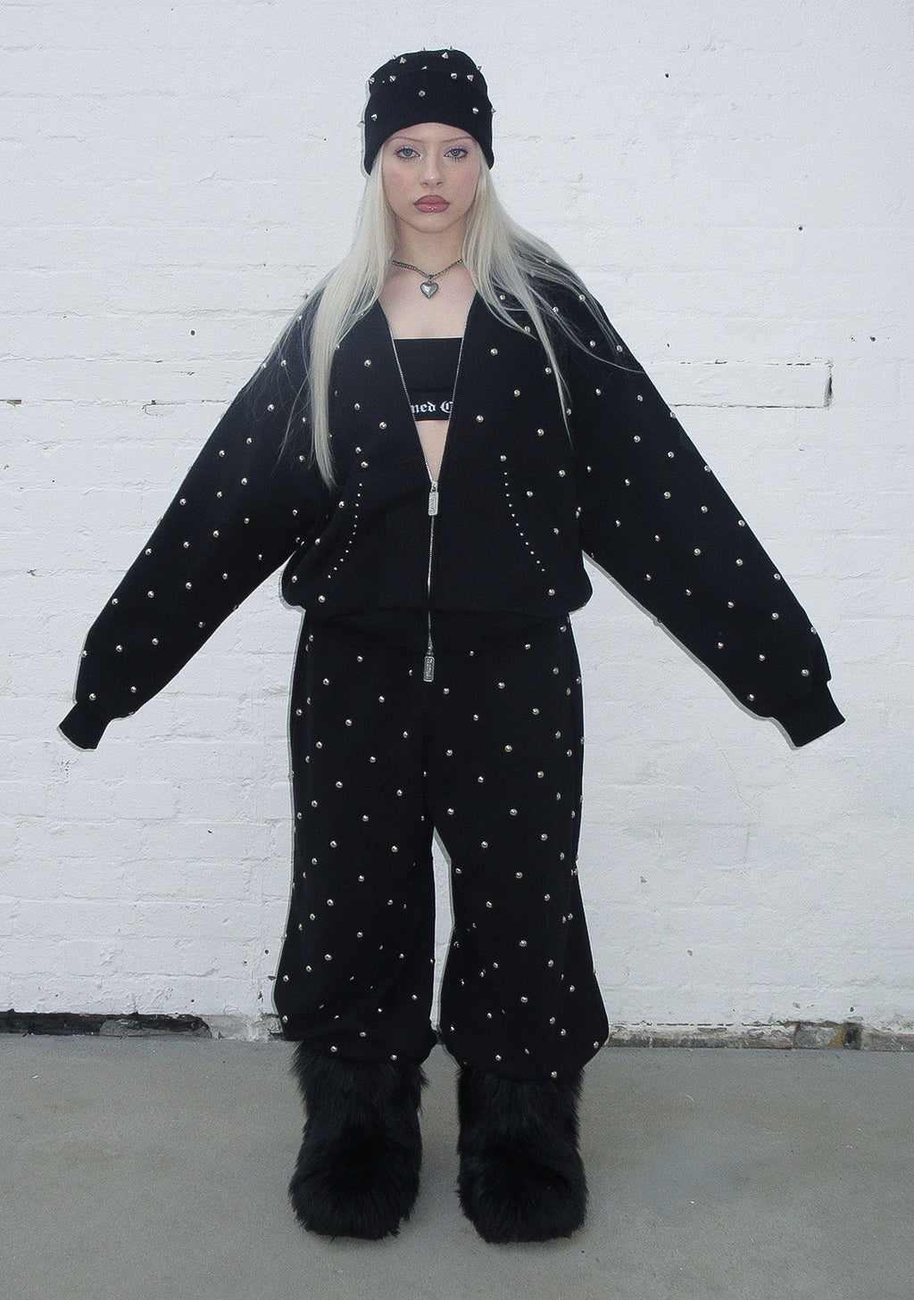 NOVA hoodie met rits en studs, polkadot, zwart