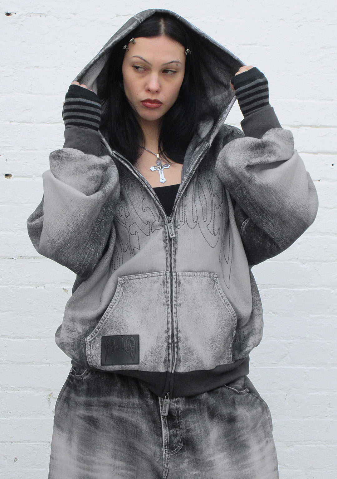 OFF GRID HOODIE MET DENIMLOOK, RITSSLUITING, VERWASSEN ZWART