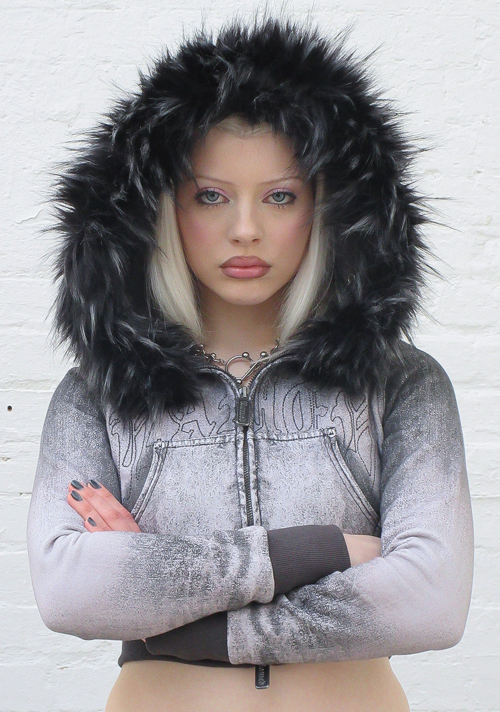 OFF GRID FAUX FUR DENIM EFFECT FITTED ZIP HOODIE WASHED BLACK (DETACHABLE FUR)