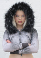 OFF GRID FAUX FUR DENIM EFFECT FITTED ZIP HOODIE WASHED BLACK (DETACHABLE FUR)