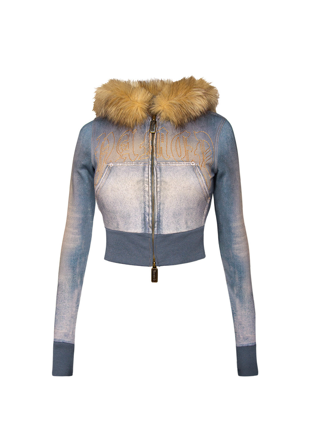 OFF GRID getailleerde hoodie met rits, imitatiebont en denimlook, gewassen blauw (afneembaar bont)