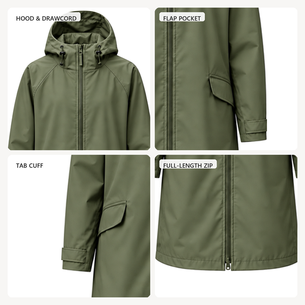 Water-Reactive Botanical Long Raincoat — Olive