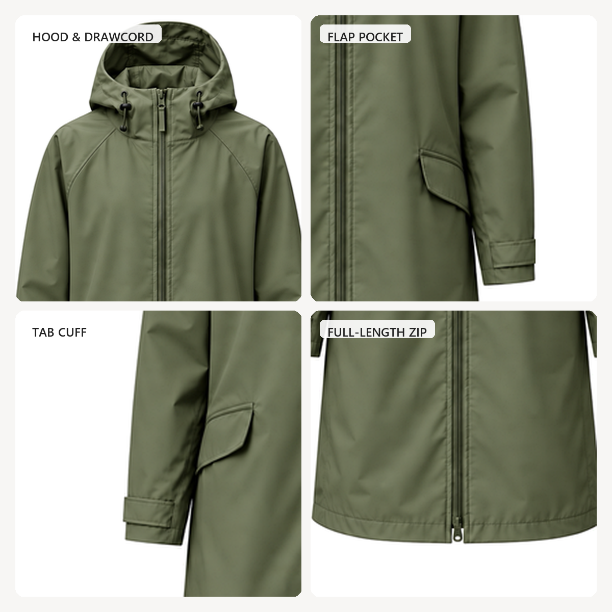 Water-Reactive Botanical Long Raincoat — Olive