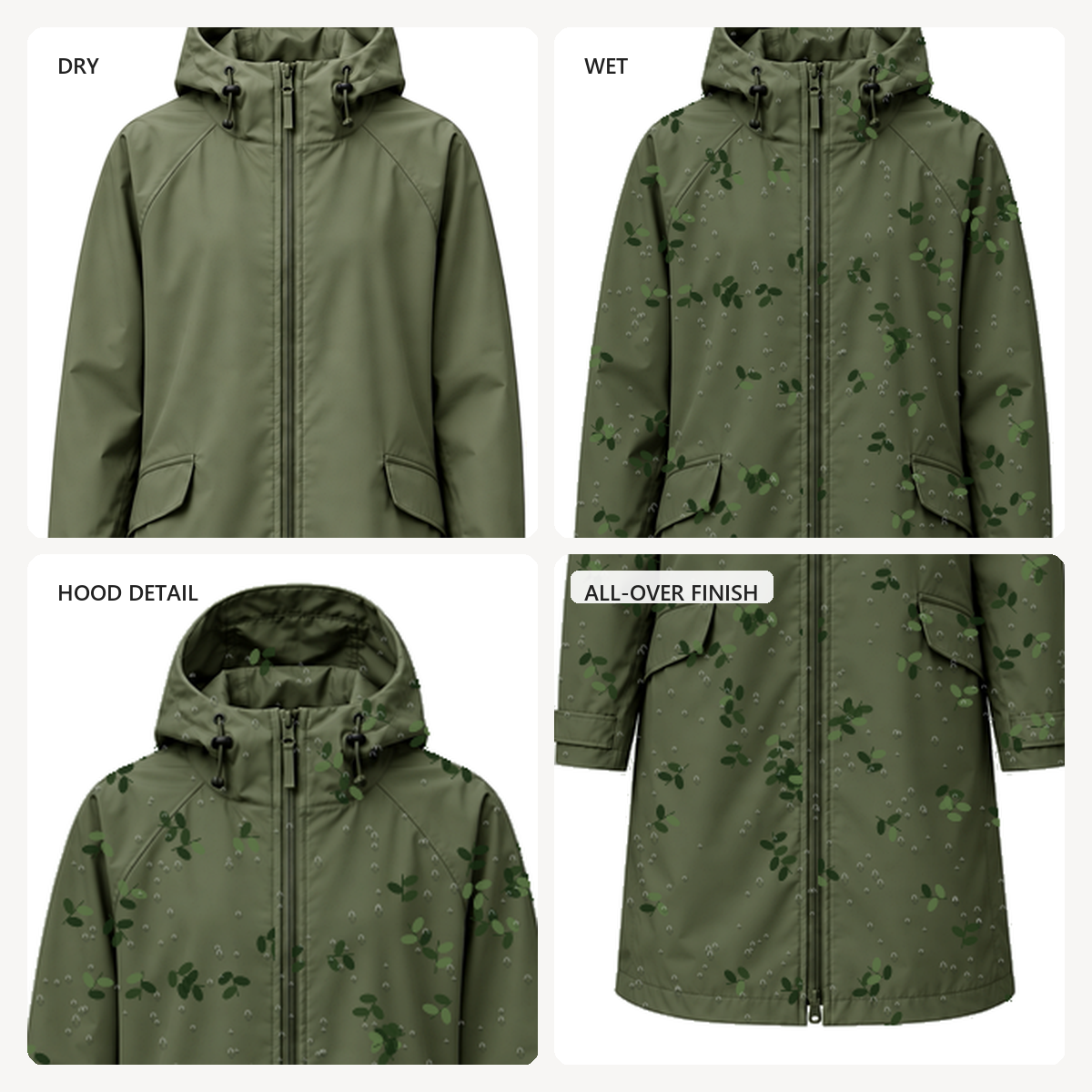 Water-Reactive Botanical Long Raincoat — Olive