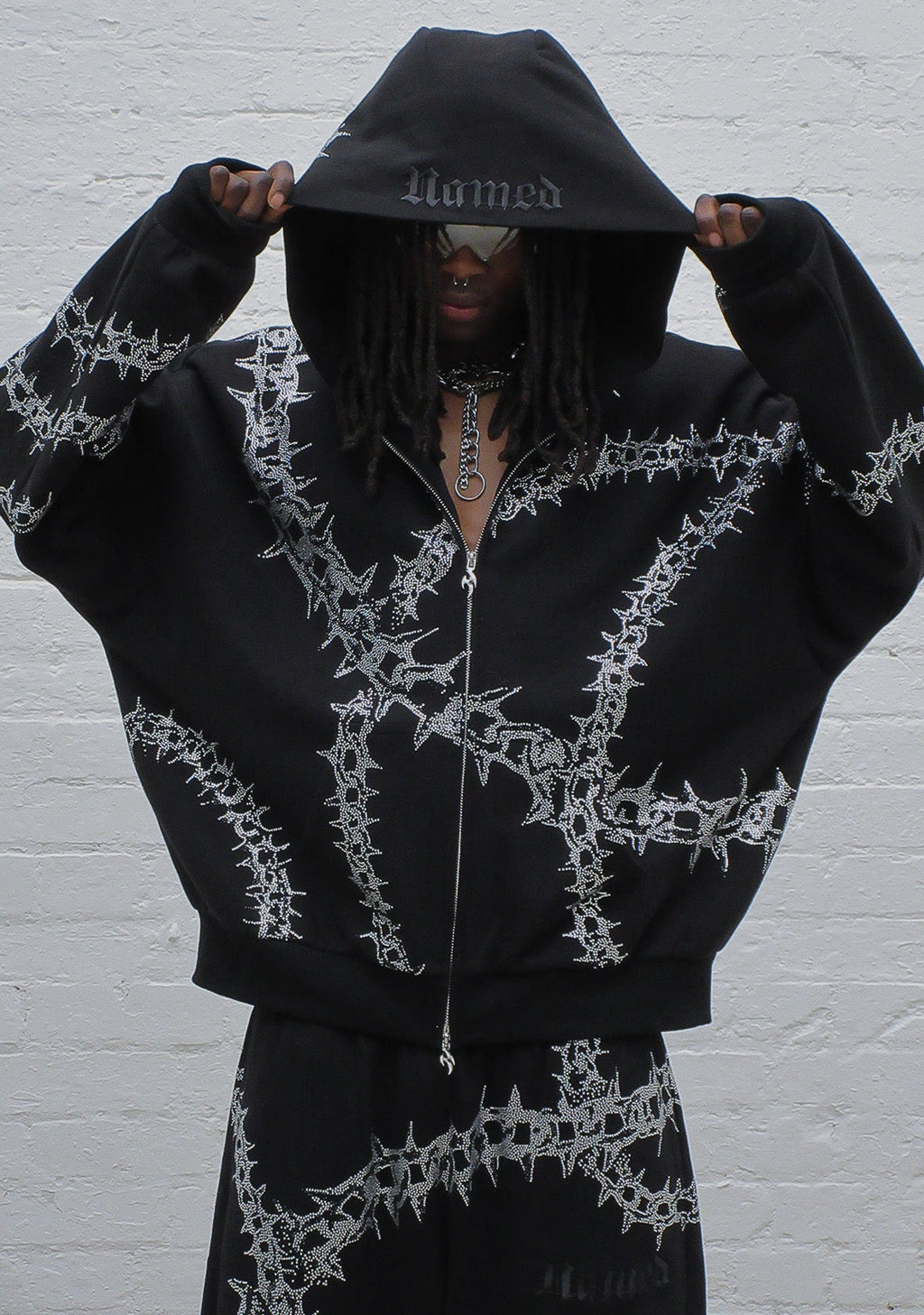 OMEN RHINESTONE ZIP HOODIE BLACK