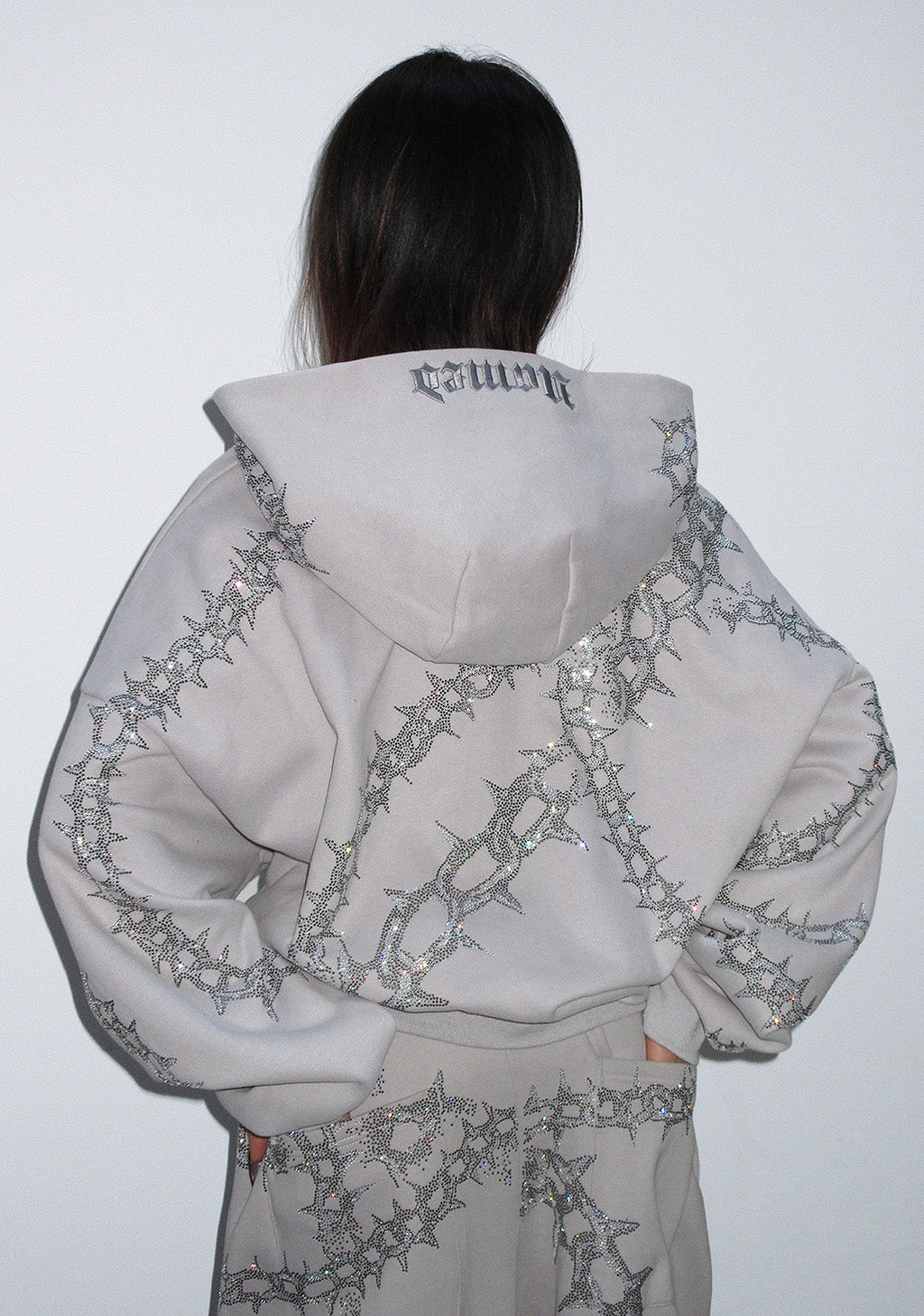OMEN RHINESTONE ZIP-HOODIE SMOKE GREY
