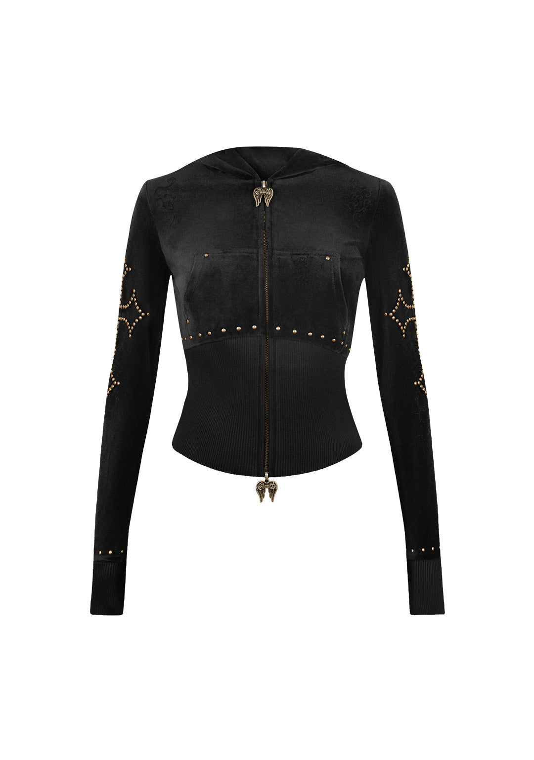 REBEL velours hoodie met rits en studs, zwart