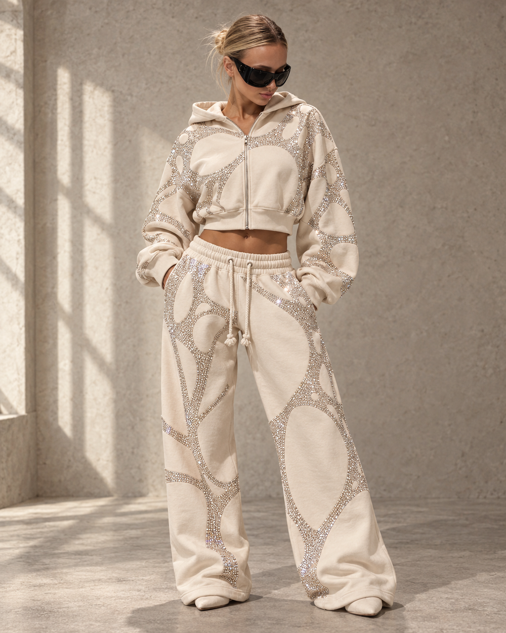 Sculpted Web Rhinestone Cropped Hoodie — Bone Beige