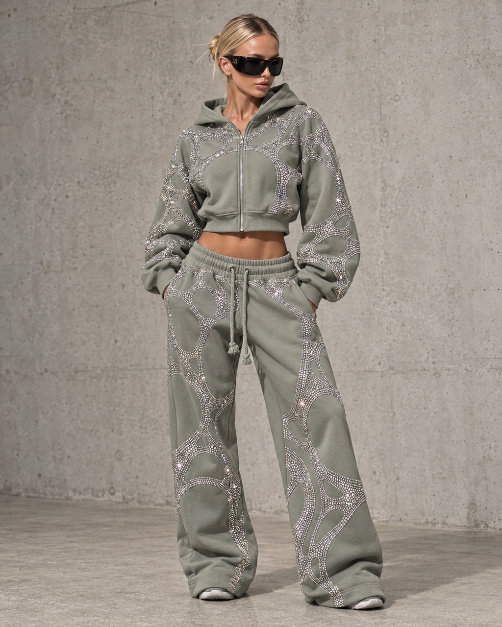 Sculpted Web Rhinestone Cropped Hoodie — Cement Grey