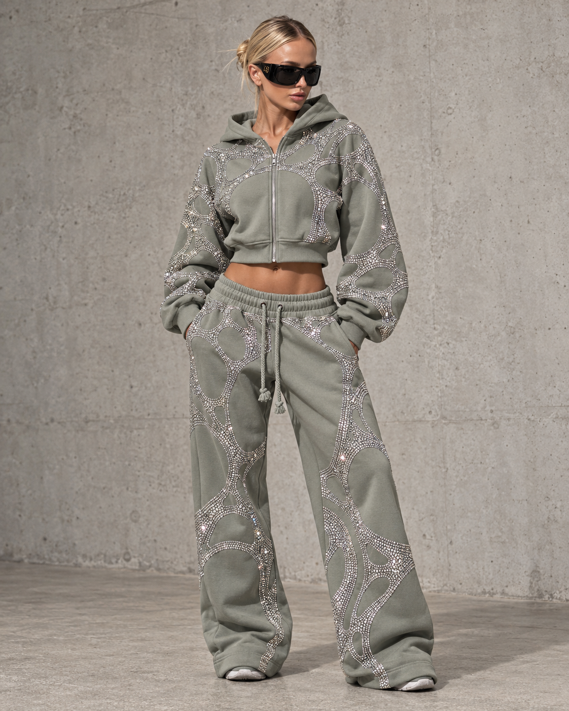 Sculpted Web Rhinestone Cropped Hoodie — Cement Grey