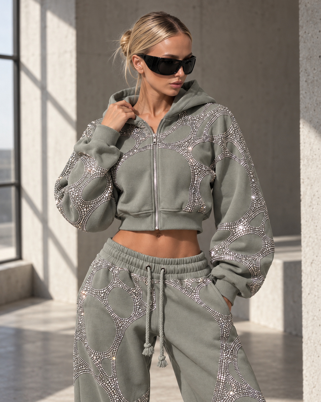 Sculpted Web Rhinestone Cropped Hoodie — Cement Grey