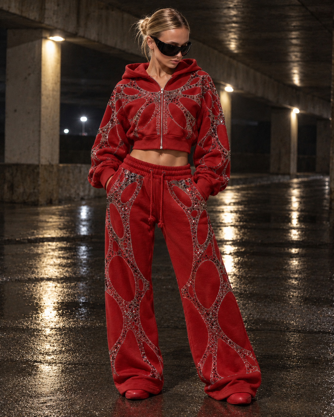 Sculpted Web Rhinestone Cropped Hoodie — Crimson Red