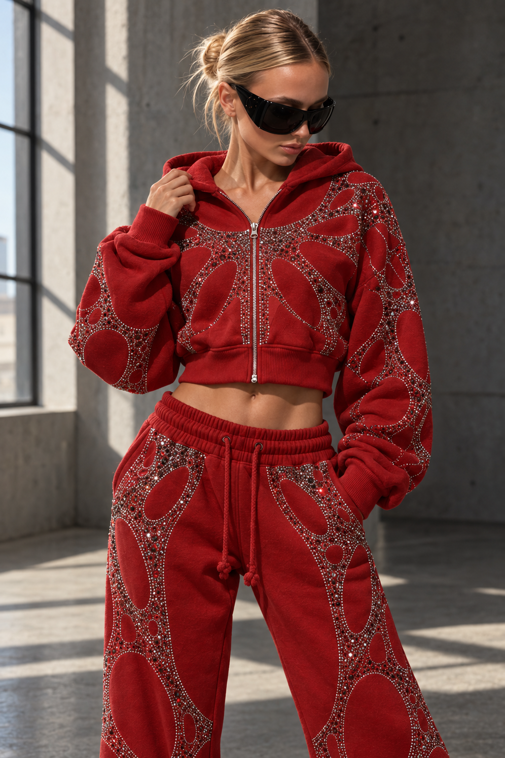 Sculpted Web Rhinestone Cropped Hoodie — Crimson Red