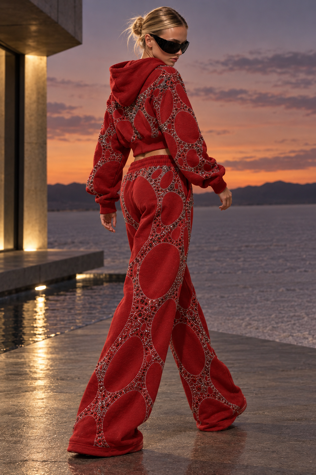 Sculpted Web Rhinestone Cropped Hoodie — Crimson Red