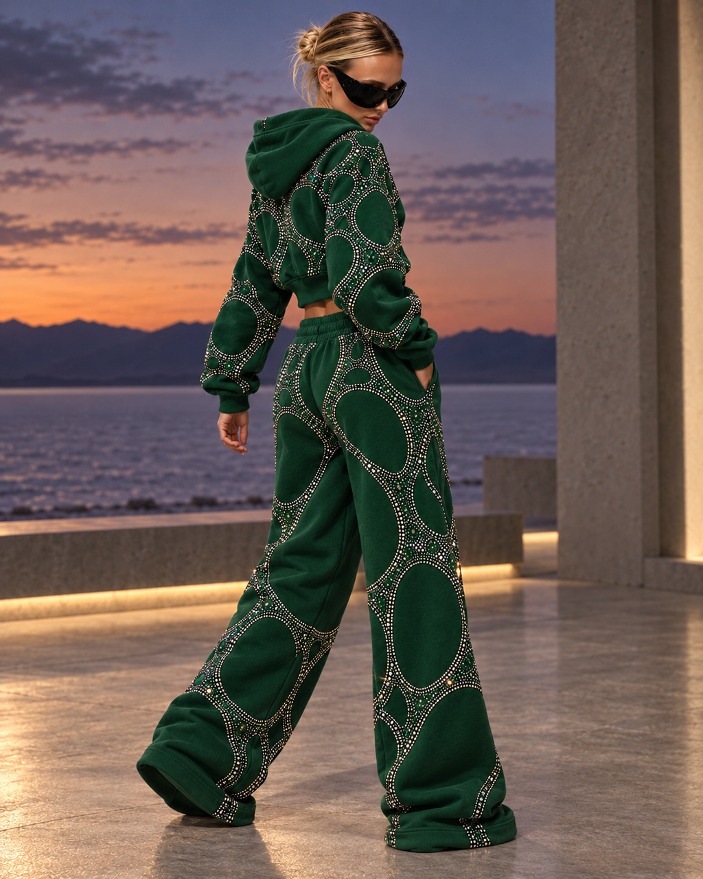 Sculpted Web Rhinestone Cropped Hoodie — Emerald Green