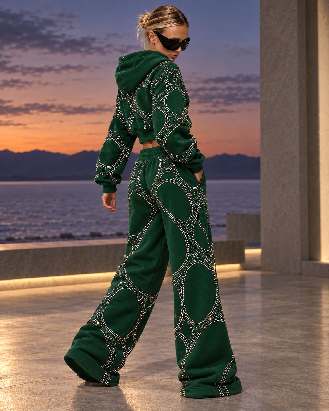 Sculpted Web Rhinestone Cropped Hoodie — Emerald Green