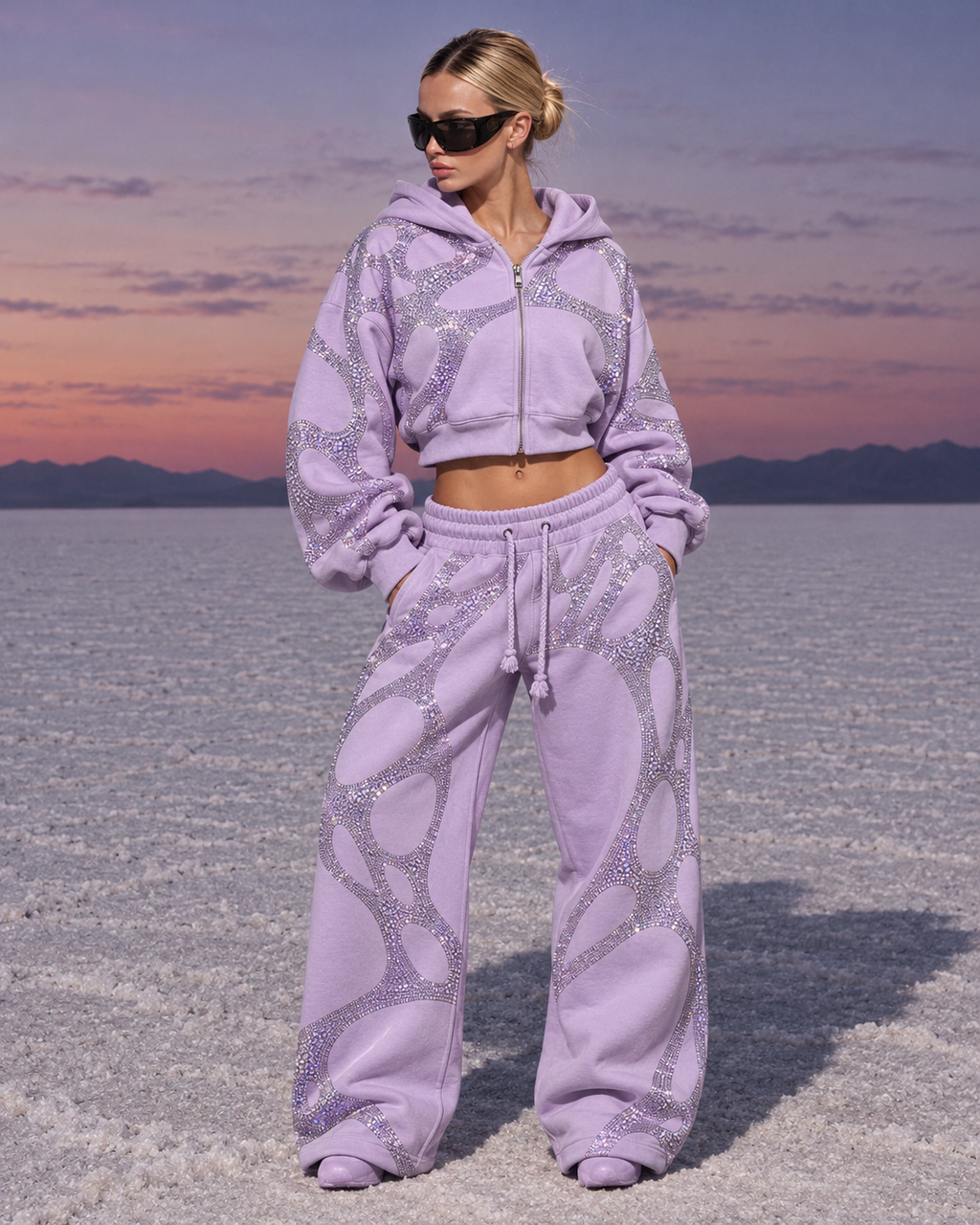 Sculpted Web Rhinestone Sweatpants — Lilac Purple