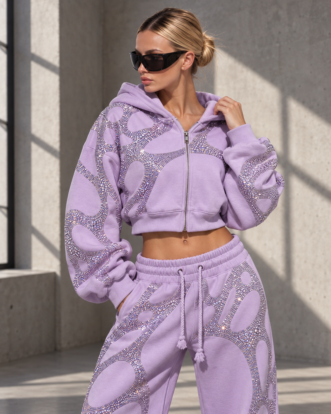 Sculpted Web Rhinestone Cropped Hoodie — Lilac Purple