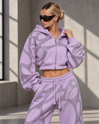 Sculpted Web Rhinestone Sweatpants — Lilac Purple
