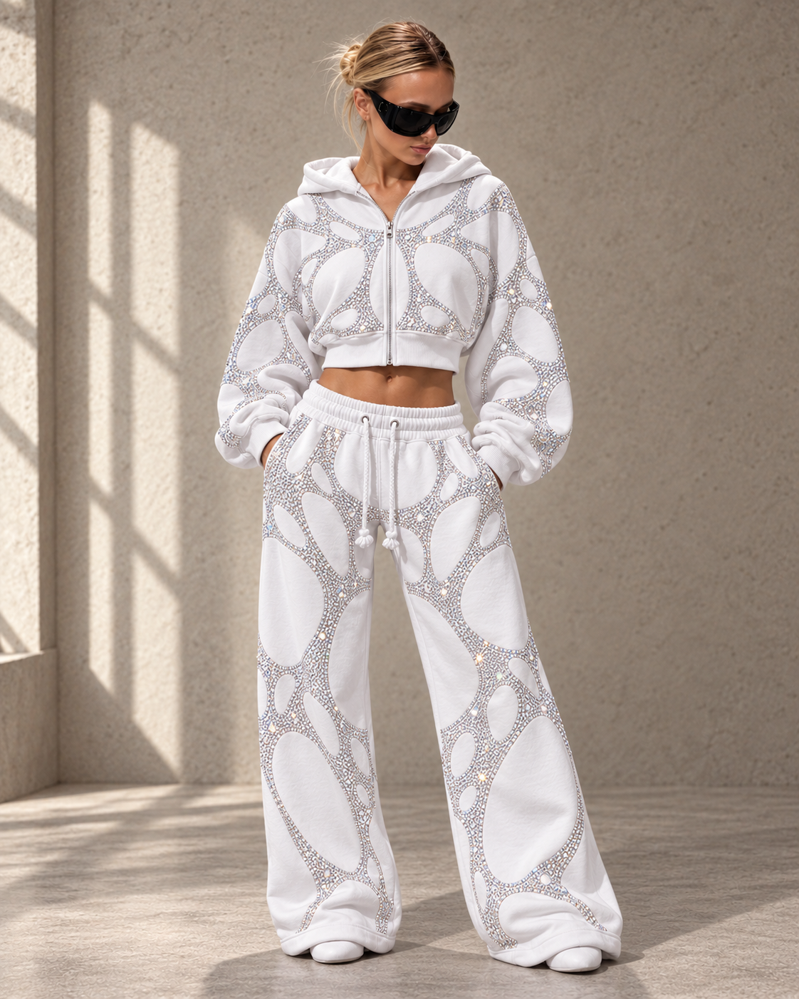 Sculpted Web Rhinestone Cropped Hoodie — Optic White