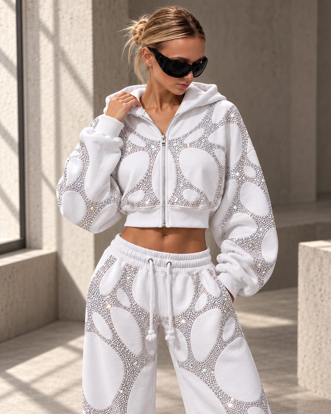 Sculpted Web Rhinestone Sweatpants — Optic White