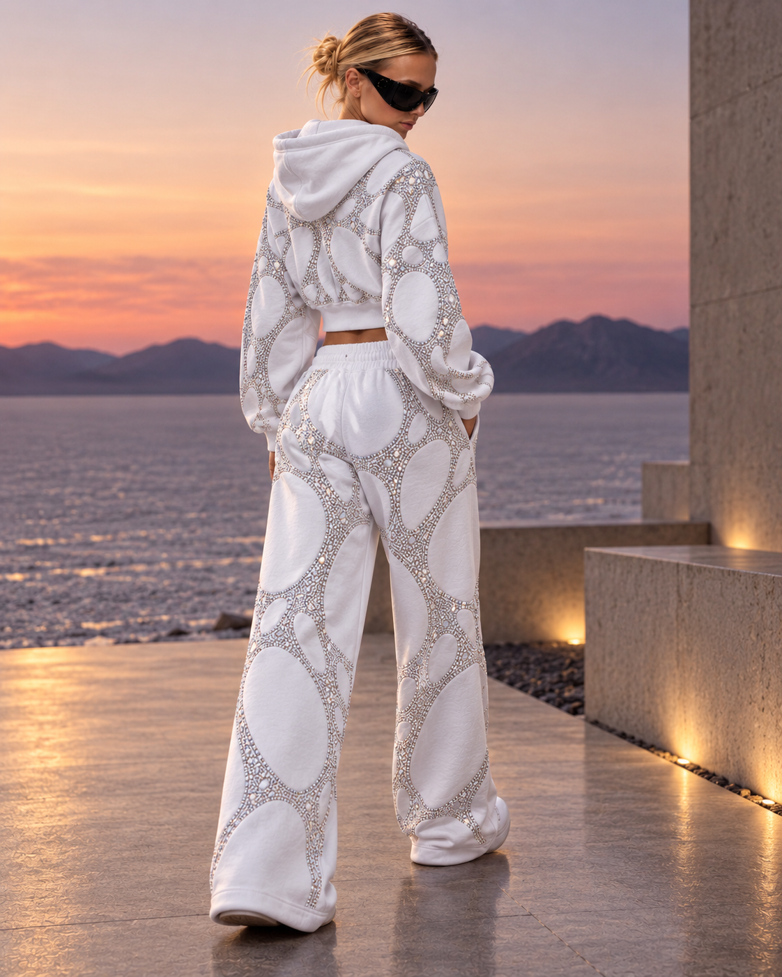 Sculpted Web Rhinestone Cropped Hoodie — Optic White