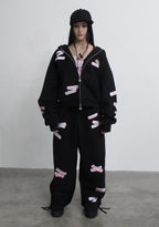 STITCH TEDDY ZIP HOODIE BLACK