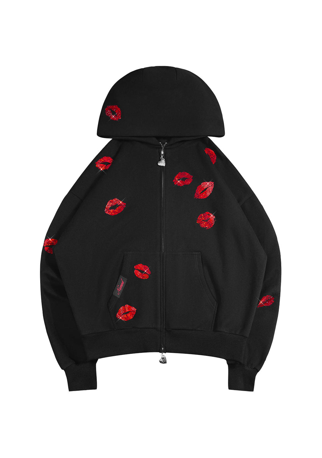 Felpa con cappuccio e zip TEASE con strass a forma di bacio nera