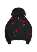 Felpa con cappuccio e zip TEASE con strass a forma di bacio nera