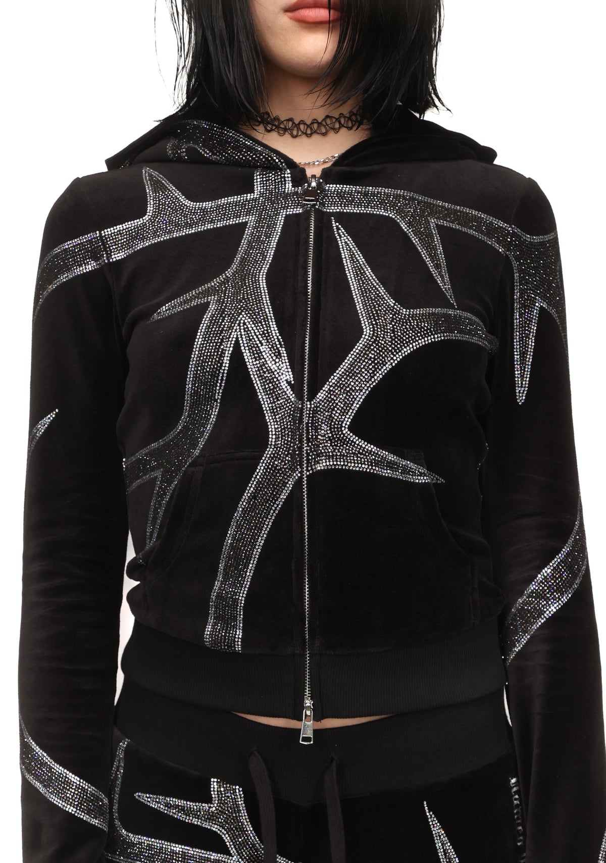 THORN RHINESTONE VELOUR HOODIE BLACK