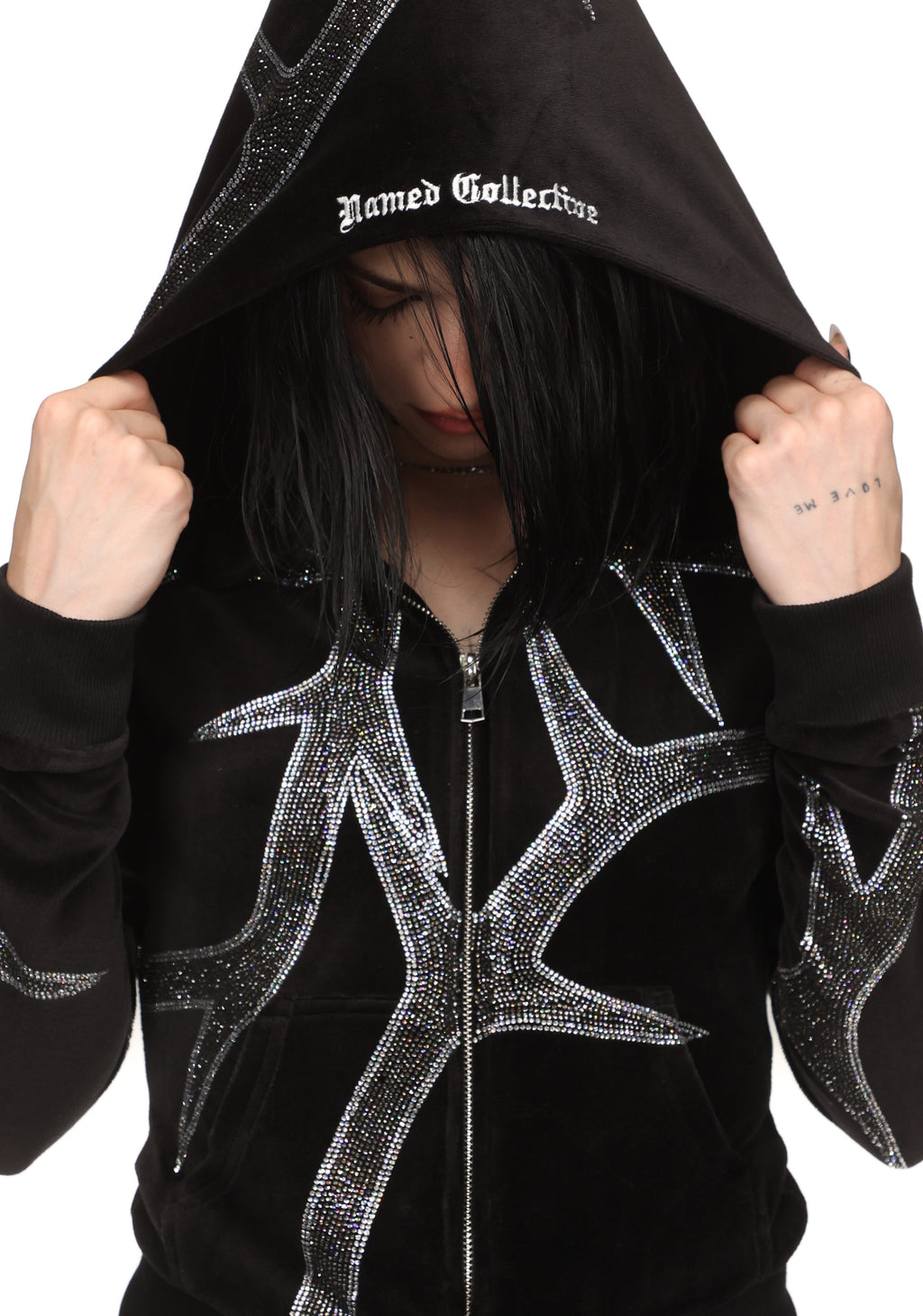 SUDADERA CON CAPUCHA DE VELOUR Y PEDRERÍA THORN NEGRA