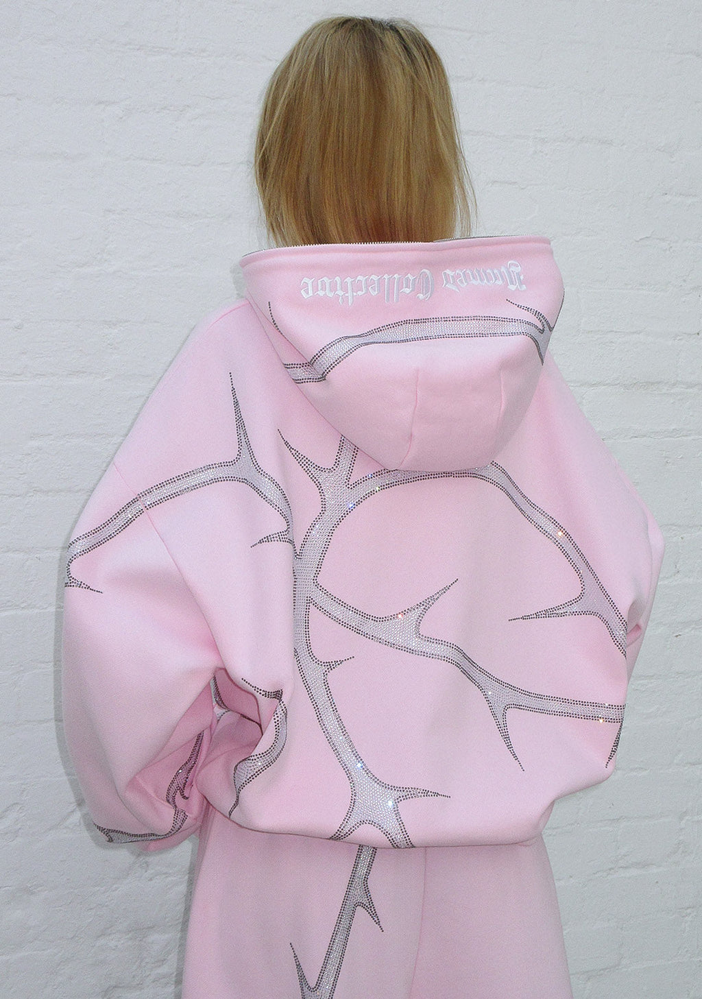 Felpa con cappuccio THORN con strass e zip, rosa cipria