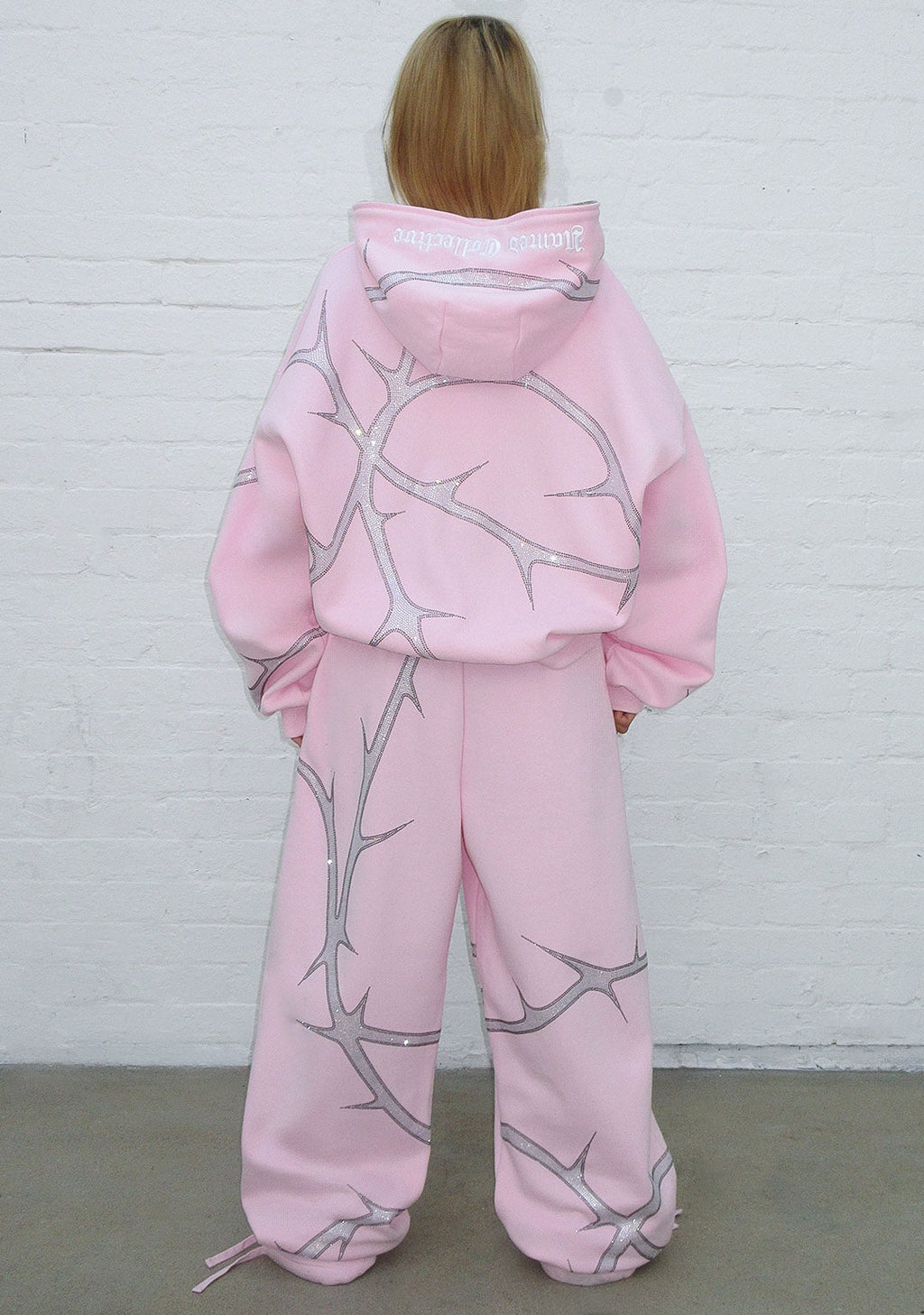 Felpa con cappuccio THORN con strass e zip, rosa cipria