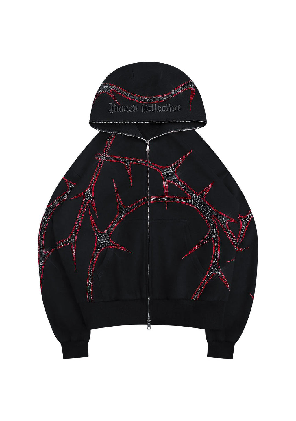 THORN RHINESTONE ZIP HOODIE BLACK AND RED