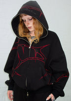 THORN RHINESTONE ZIP HOODIE BLACK AND RED