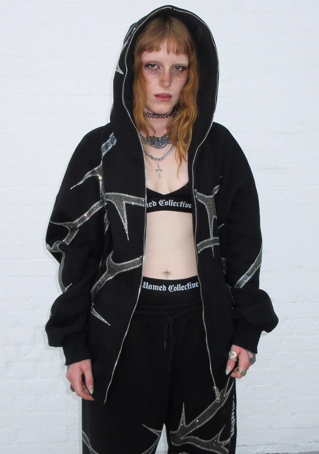 SWEAT À CAPUCHE ZIPPÉ À STRASS THORN NOIR