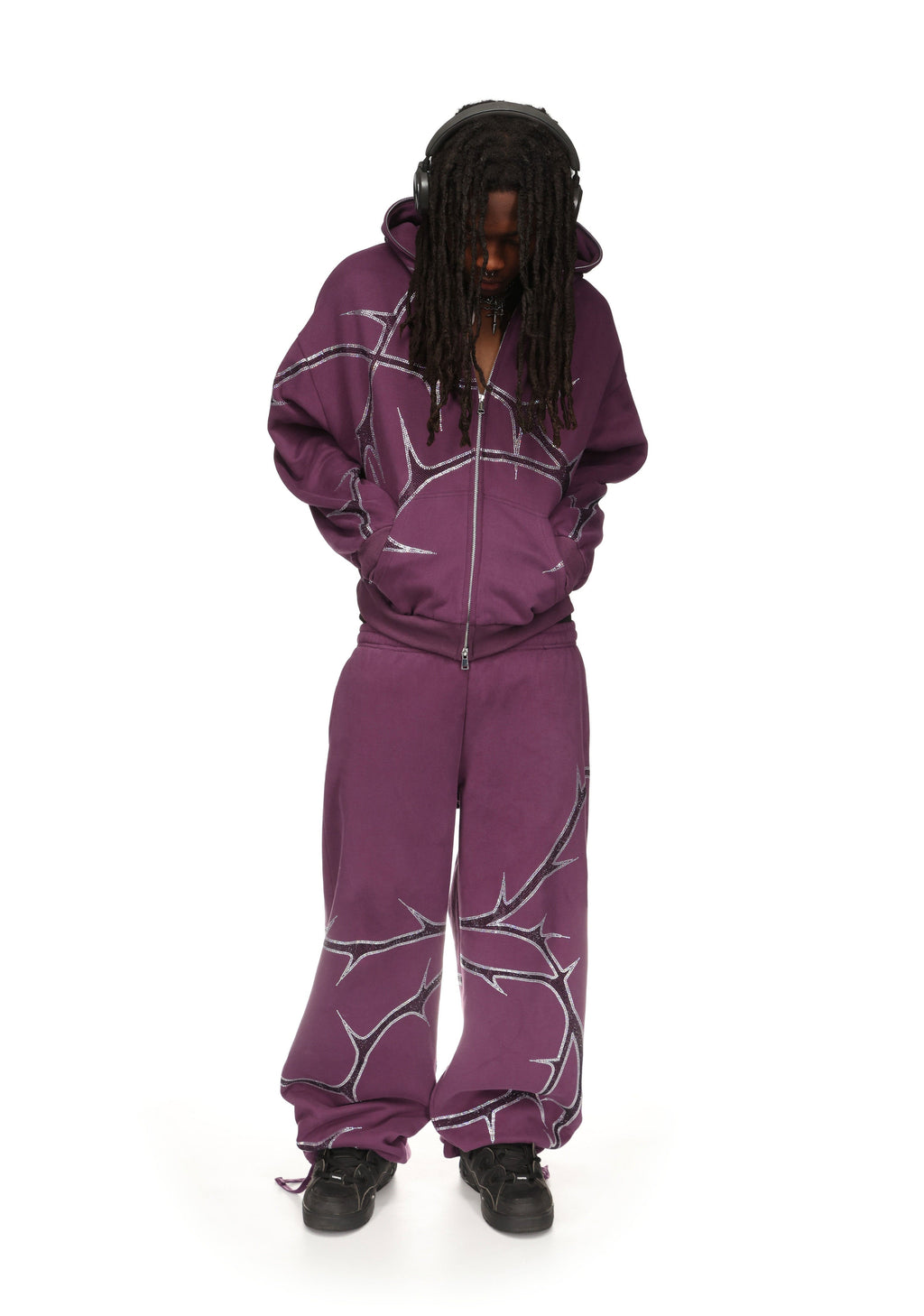 THORN STUDDED ZIP HOODIE CIEMNOFIOLETOWY