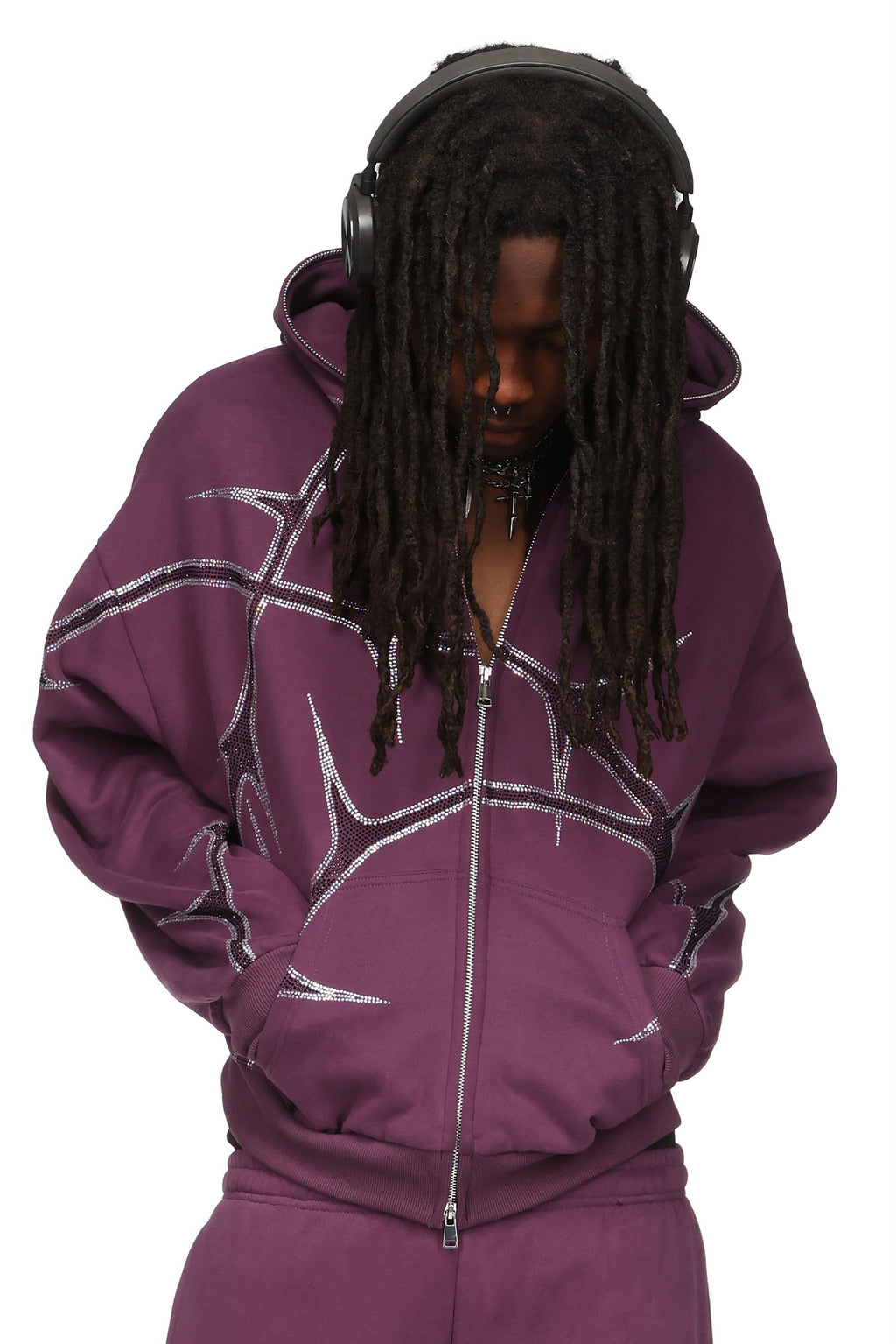 THORN STUDDED ZIP HOODIE CIEMNOFIOLETOWY