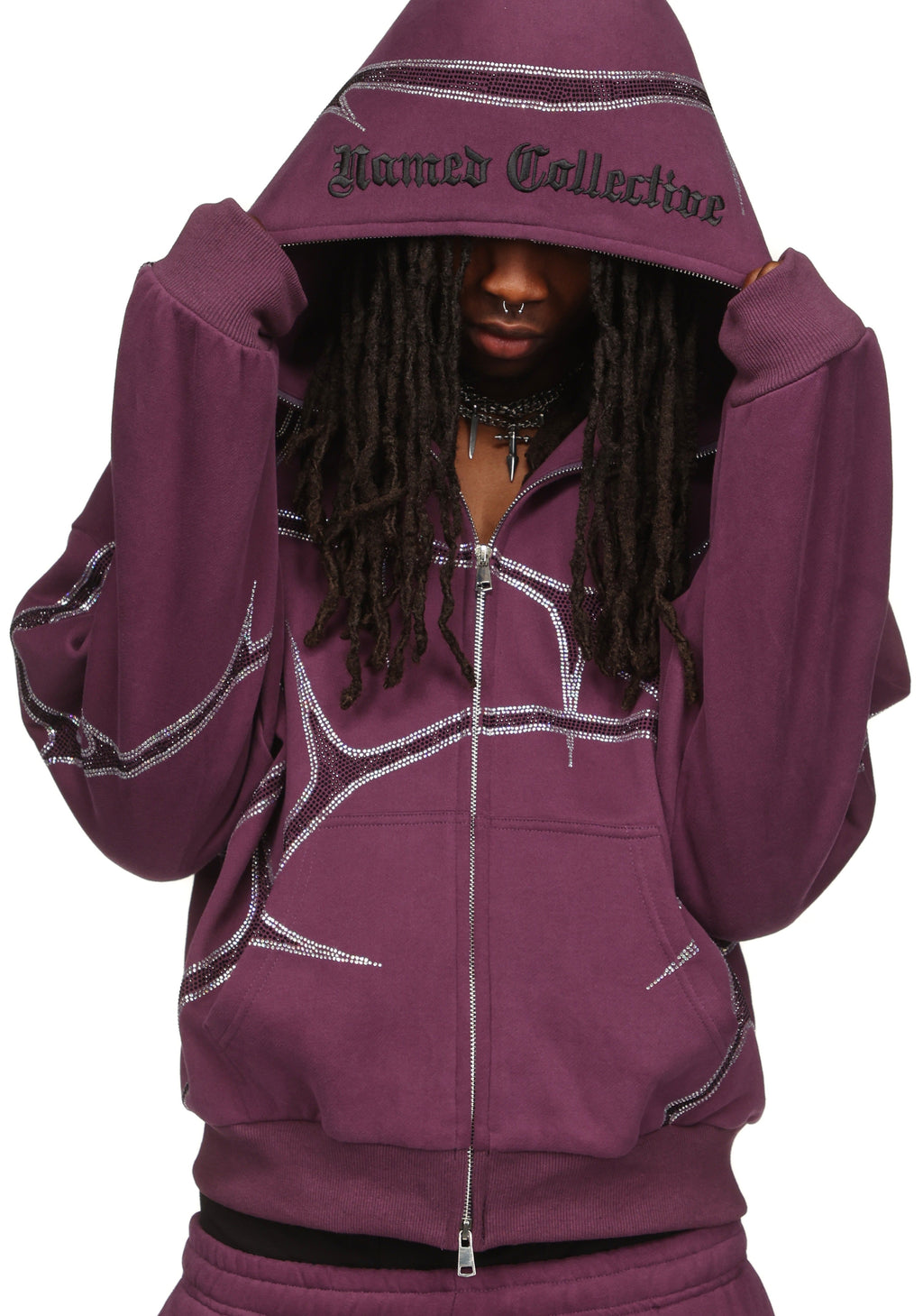 THORN STUDDED ZIP HOODIE CIEMNOFIOLETOWY