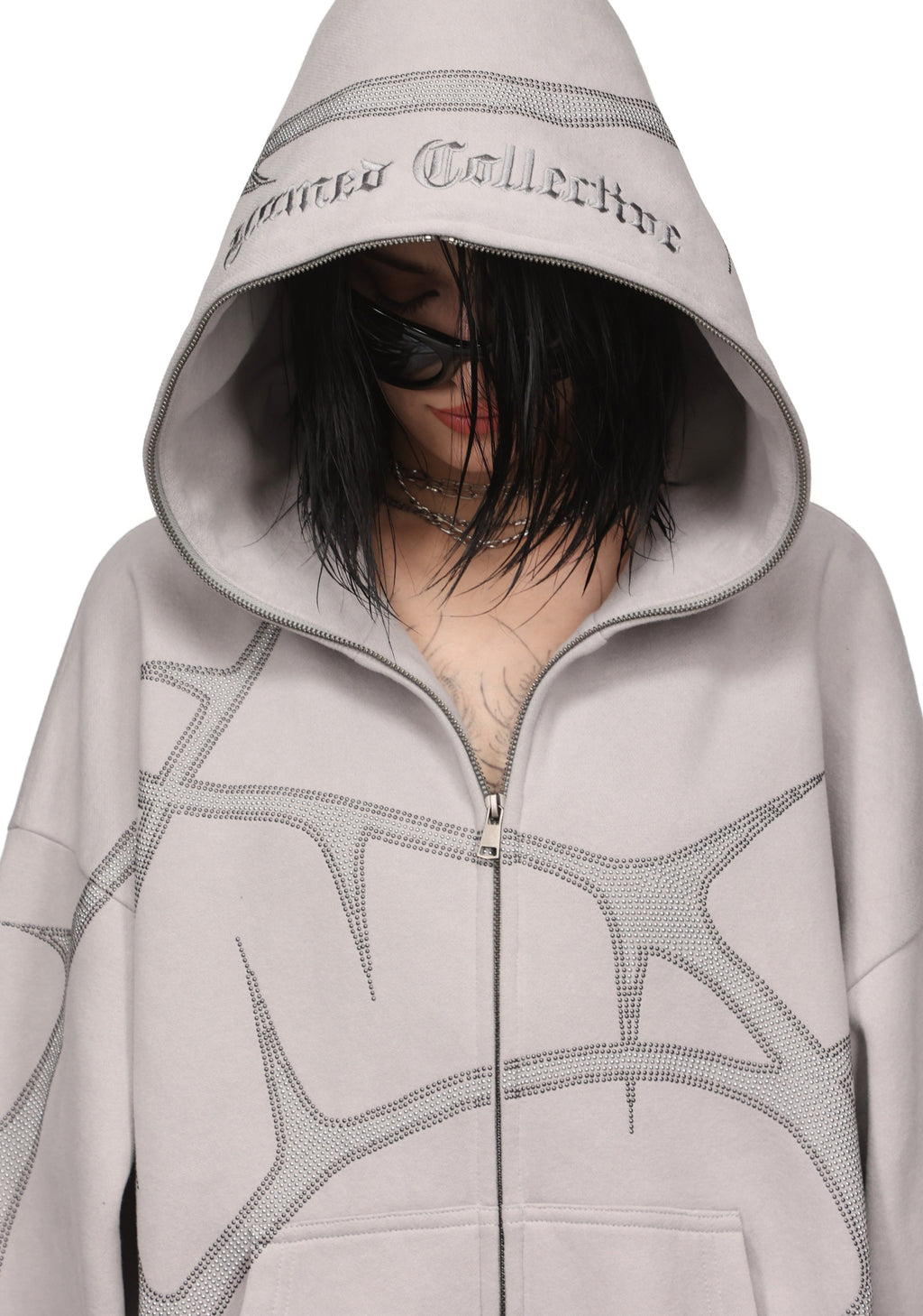 THORN STUDDED ZIP HOODIE SMOKE GREY
