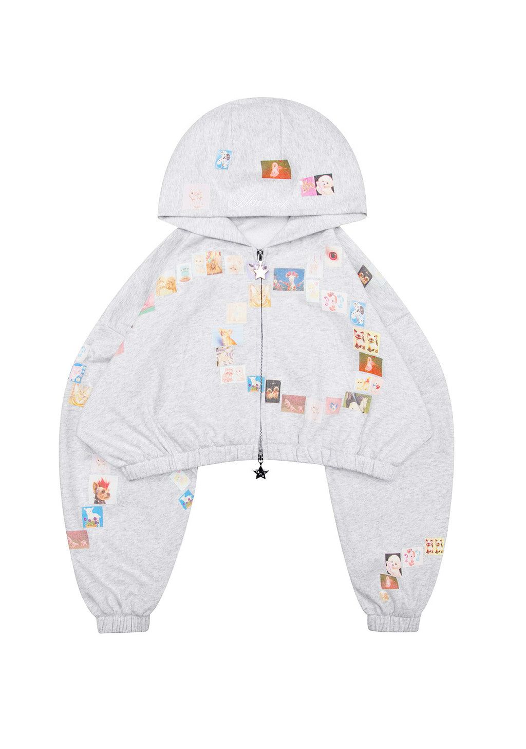 TRINKET MOTIF CROP ZIP HOODIE GRAU MELIERT
