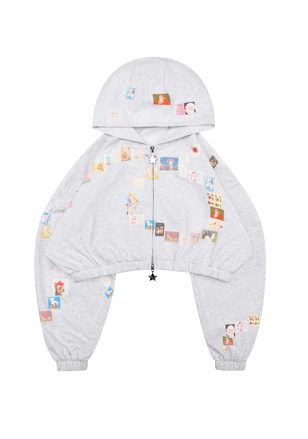 TRINKET MOTIF CROP ZIP HOODIE GRAU MELIERT