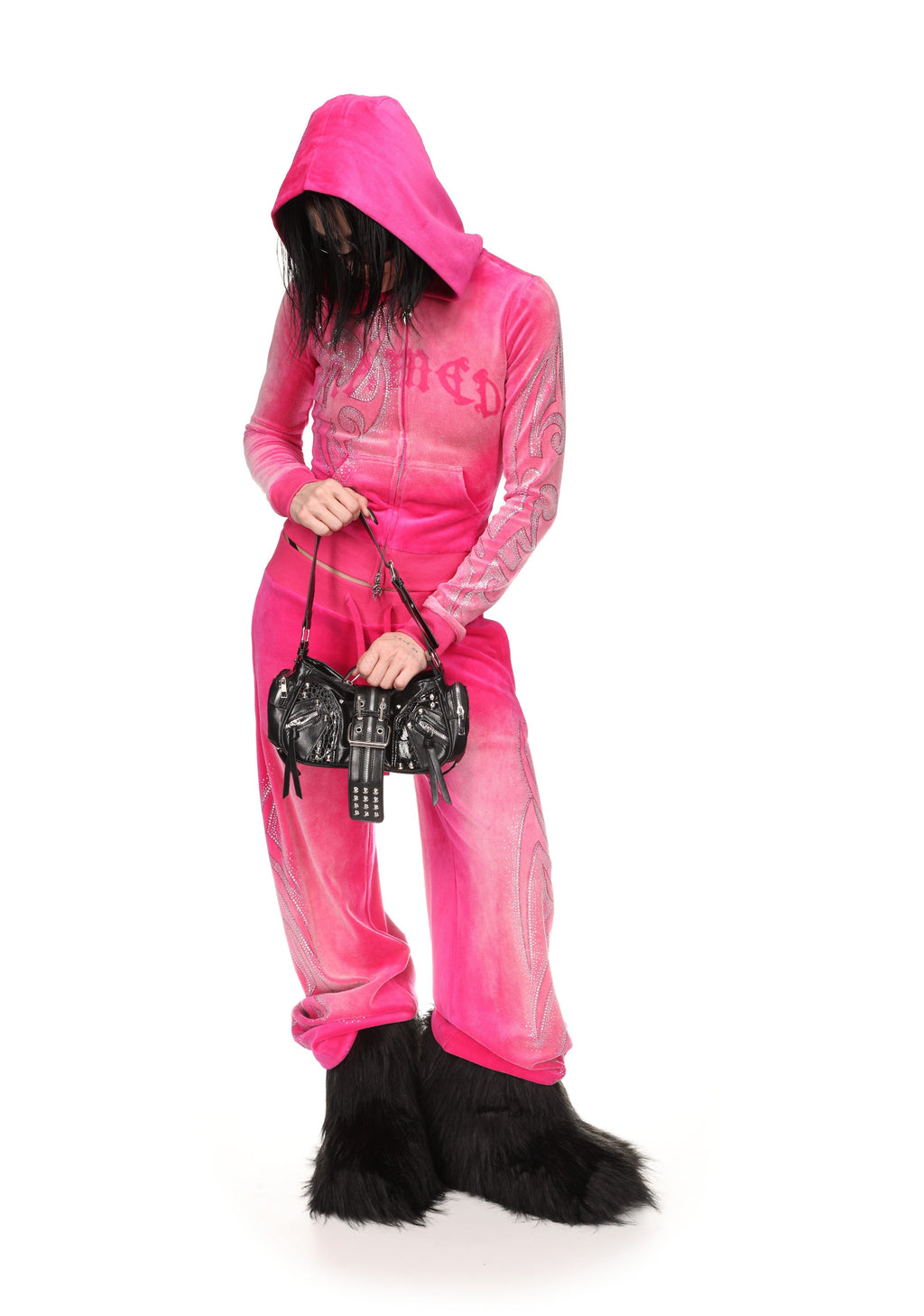 Sudadera con capucha de terciopelo con pedrería VISION, rosa intenso desgastado