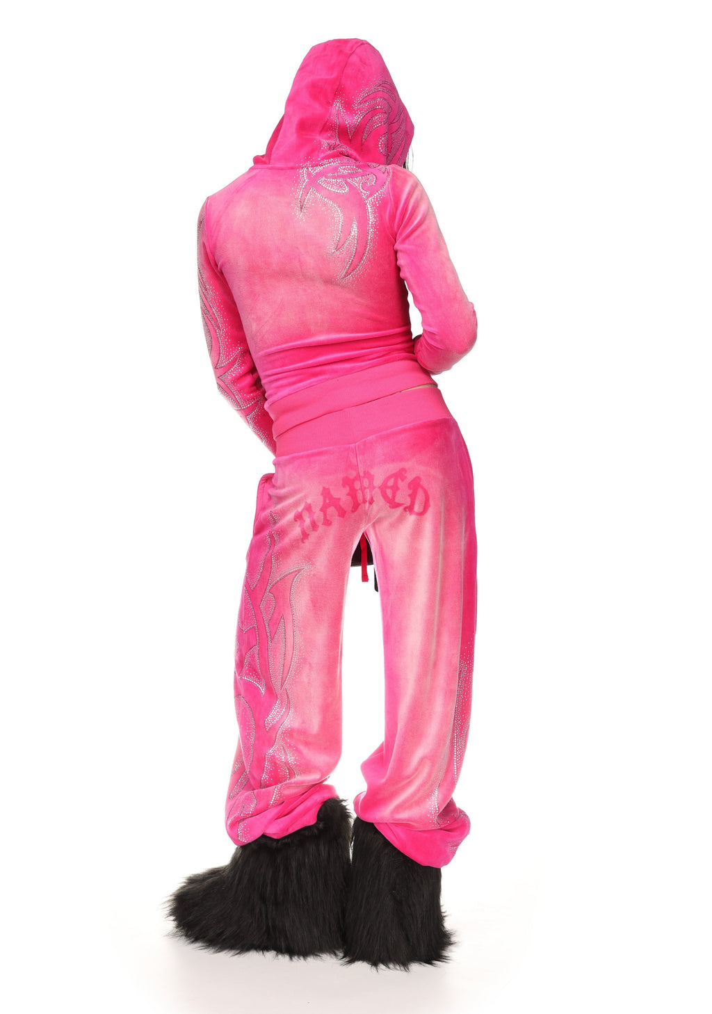 Sudadera con capucha de terciopelo con pedrería VISION, rosa intenso desgastado