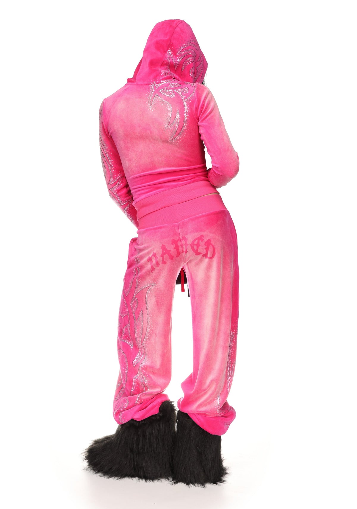 Sudadera con capucha de terciopelo con pedrería VISION, rosa intenso desgastado