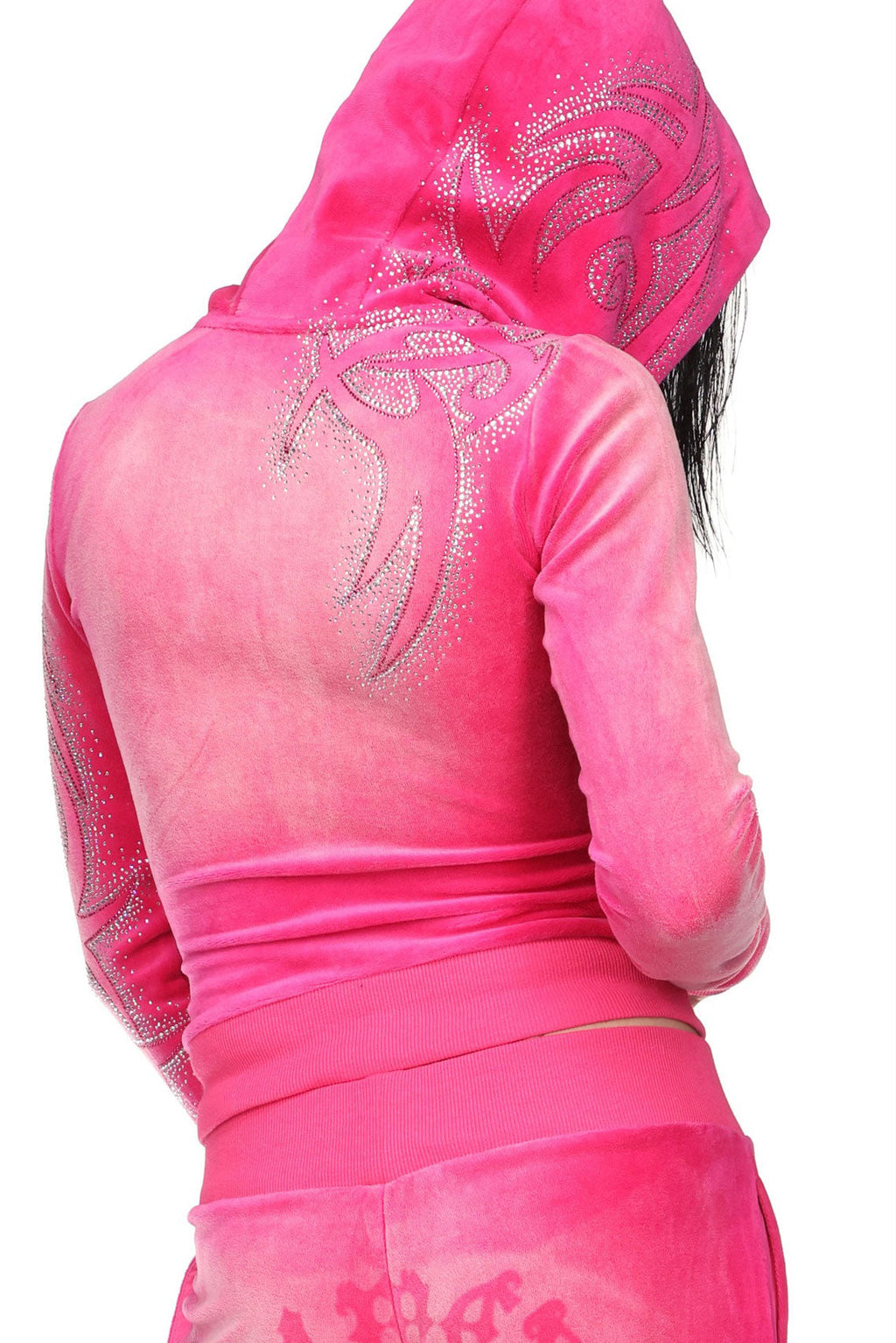 Sudadera con capucha de terciopelo con pedrería VISION, rosa intenso desgastado